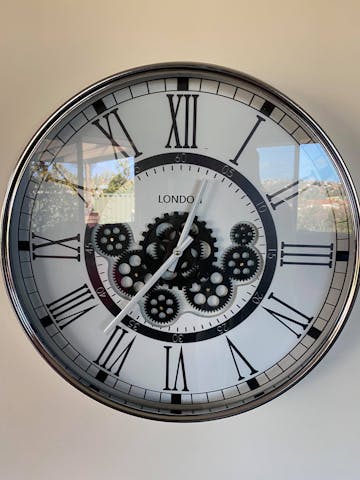 London Moving Gears Metal Wall Clock, Chrome & White, 55cm