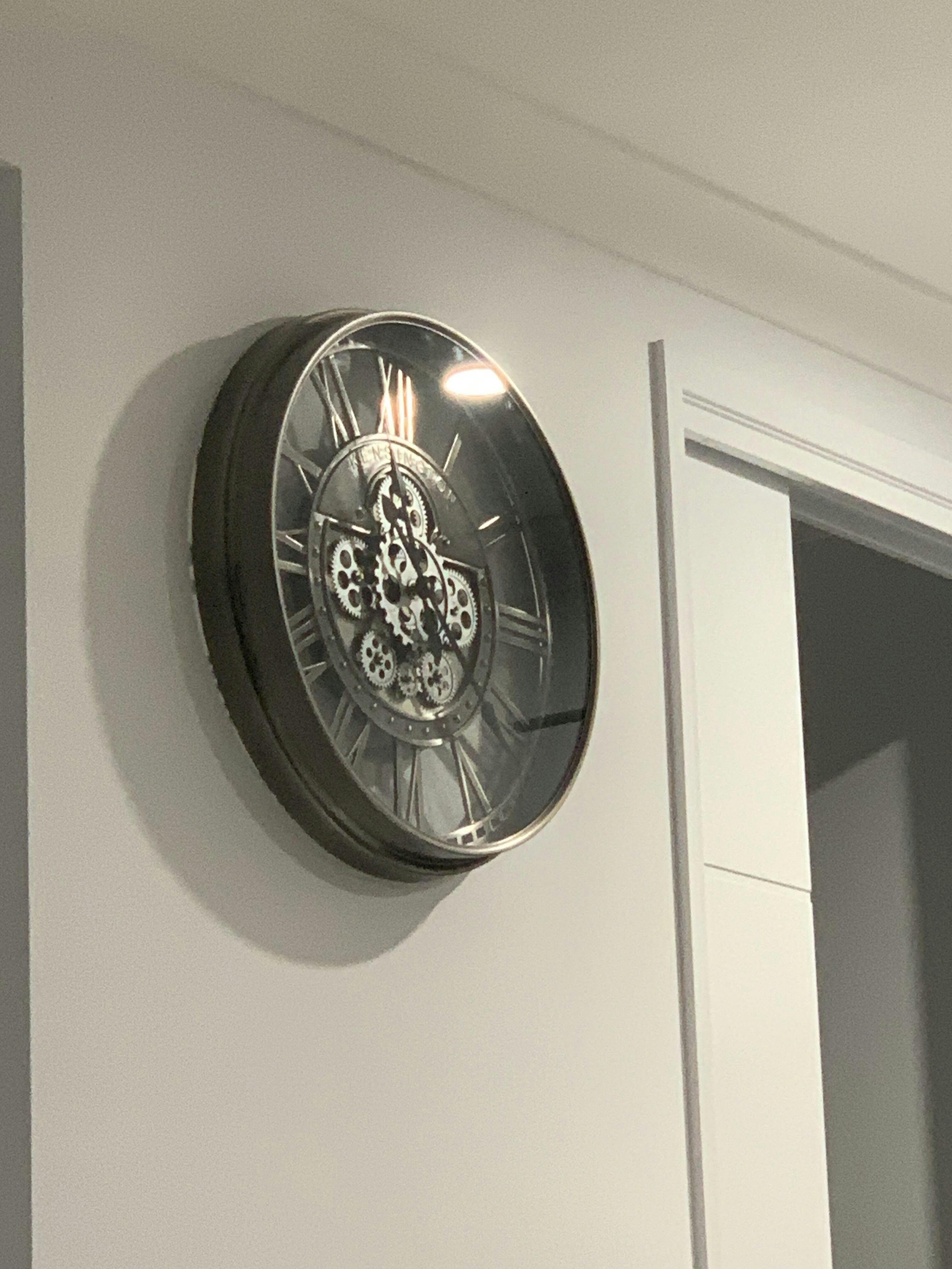 Kensington Industrial Silver Wash Iron Moving Gears Wall Clock