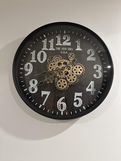 New Era Black Metal Weathered Wood Face Moving Gears Wall Clock, 60cm