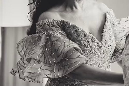 Off Shoulder Mermaid Beaded Gown with Tiered Sleeves 29190