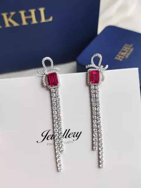 S925 Silver Ruby Bowknot Long Tassel Small Square Sugar Earrings