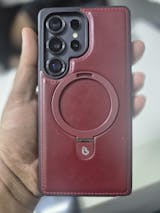 Samsung Galaxy S25 Ultra Cover - Maroon - Luxury Leather Case Supports Magsafe Wireless Charging, Kickstand Bracket Holder Soft Border Case