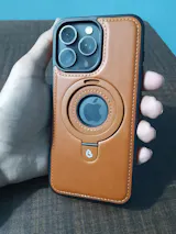 iPhone 15 Pro Max Cover - Brown - Luxury Leather Case Supports Magsafe Wireless Charging, Kickstand Bracket Holder Soft Border Case