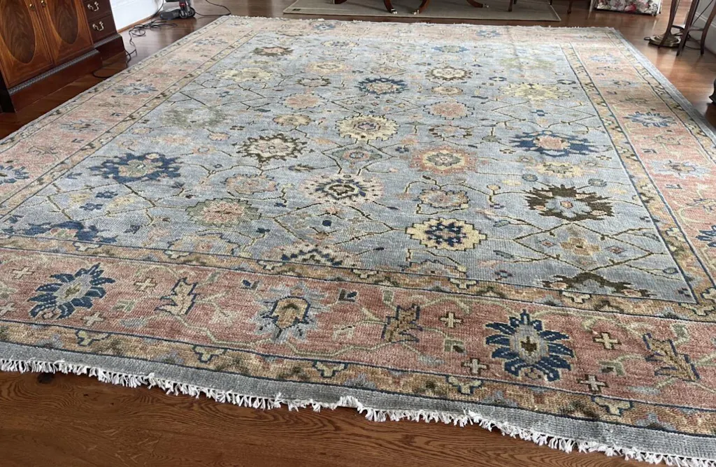 11'11''x15 Hand Knotted Wool Blue Oushak All-over Floral Lattice Arts and Crafts Rug