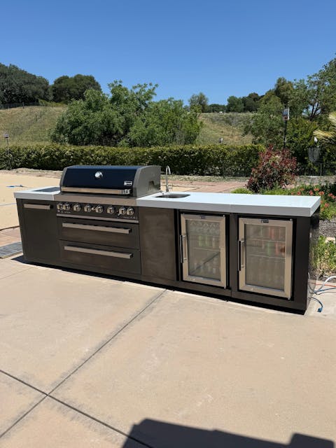 Mont Alpi 805 Black Stainless Steel Island with Beverage Center and Fridge Cabinet / 6-Burner Grill, 2 Infrared Burners, Sink, 2 Fridges / MAi805-BSSBEVFC