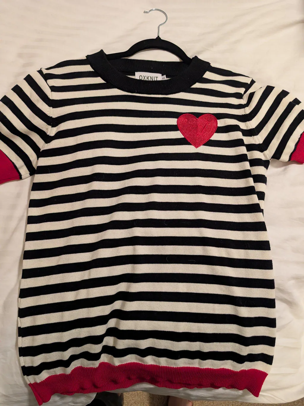 White And Red Stripe Heart Cut Out Sweater