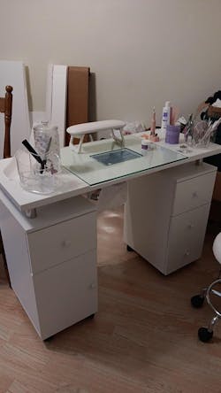 Paddie Nail Desk with Glass Top, dust collector, multi-drawers