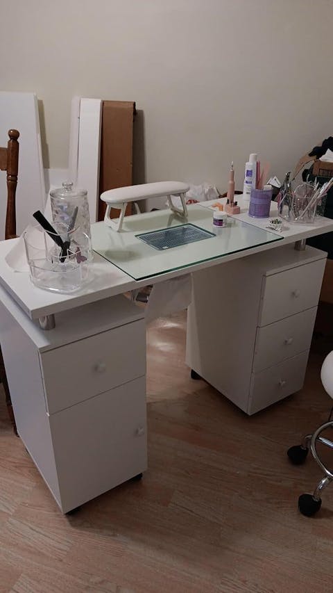 Paddie Nail Desk with Glass Top, dust collector, multi-drawers