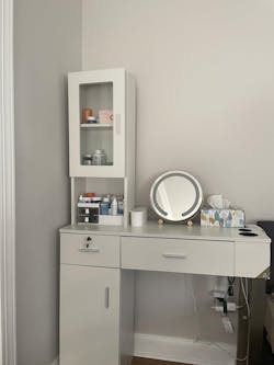 Paddie Wall Mount Styling Station, glass cabinet