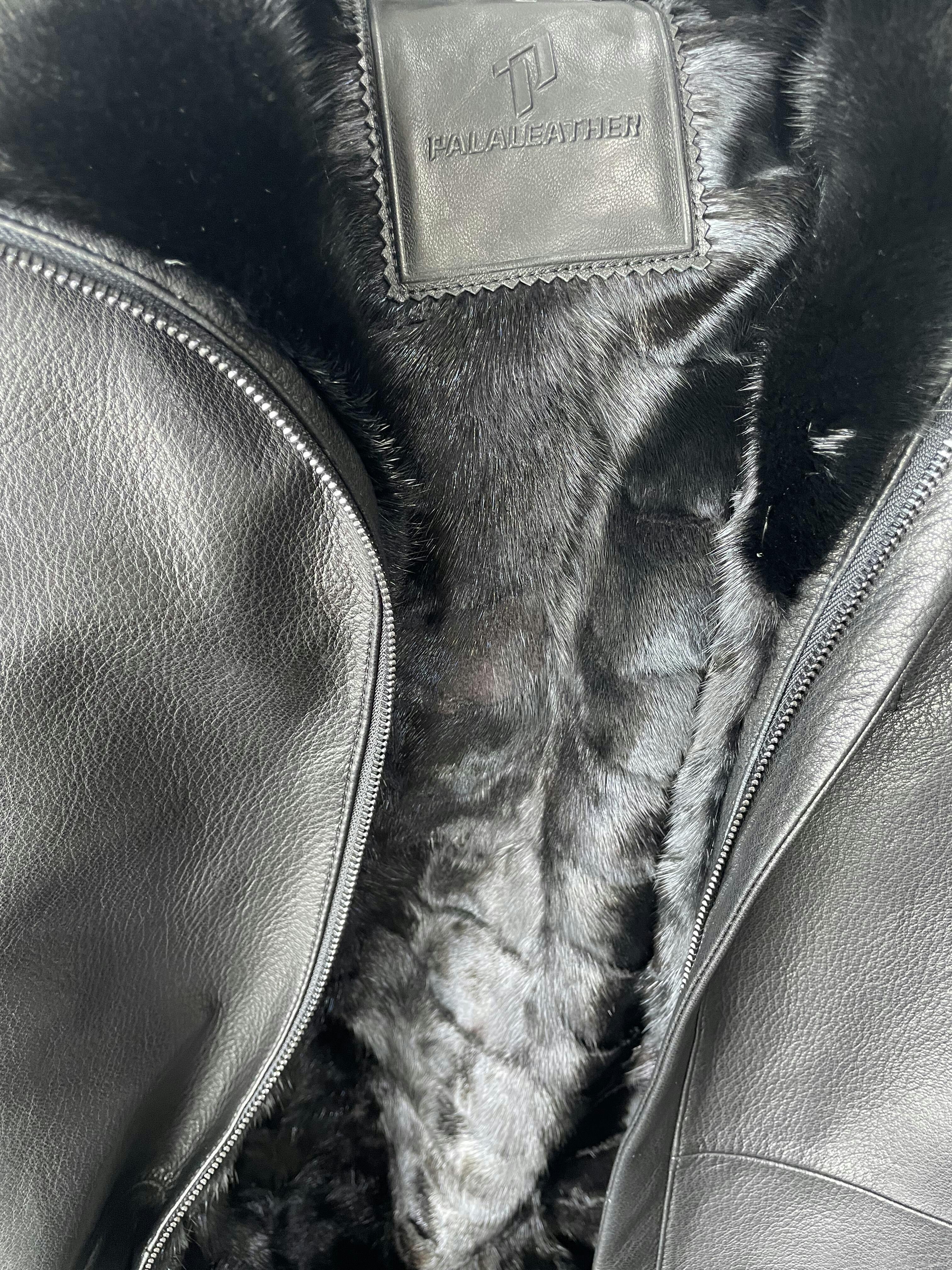Palaleather Black Genuine Goatskin Leather Trench Coat Jacket with Fur Lining Winter Leather Jacket, Black / Mink Fur Collar + Down / Custom Size