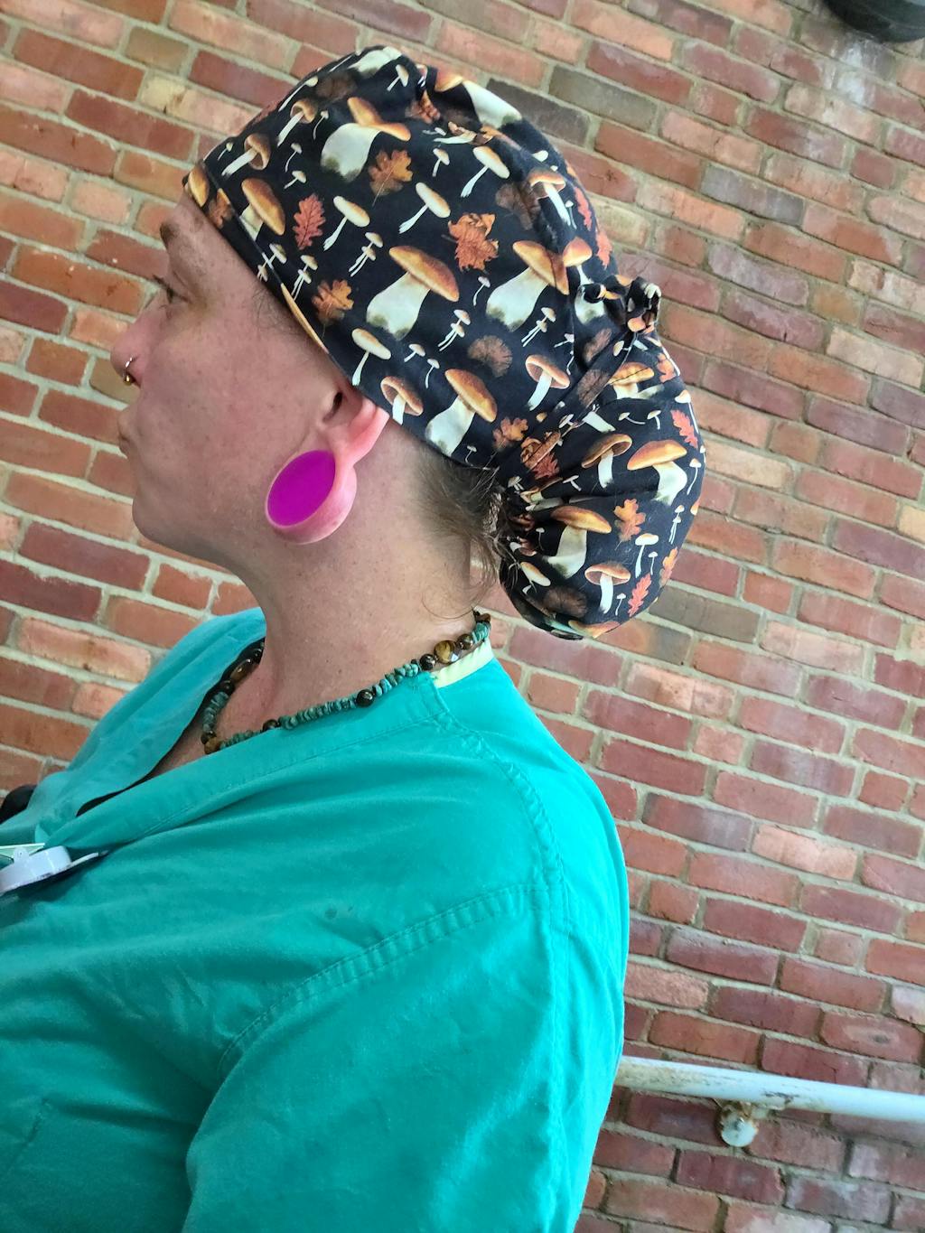 Mushroom Ponytail scrub cap for women with satin lined option by Paradise Caps.