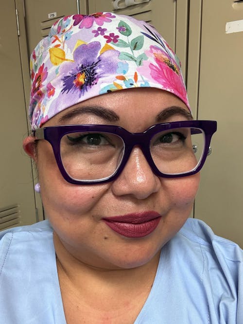 Purple flower Euro Scrub Cap for Women with Satin Lined Option by Paradise Caps.