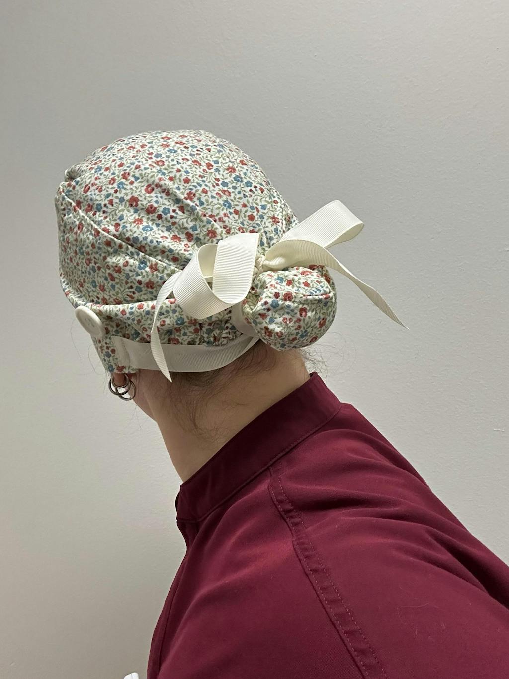 Red Blue Blossoms Euro scrub cap with ties for Women by Paradise Caps. Euro PLUS style.