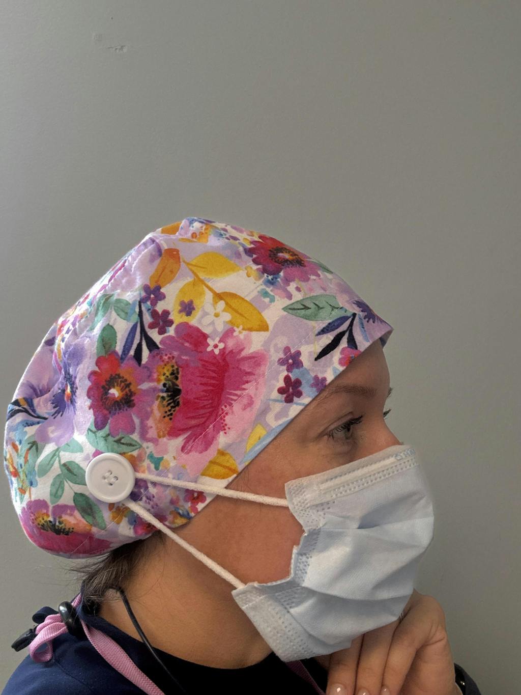 Purple flower Euro Scrub Cap for Women with Satin Lined Option by Paradise Caps.