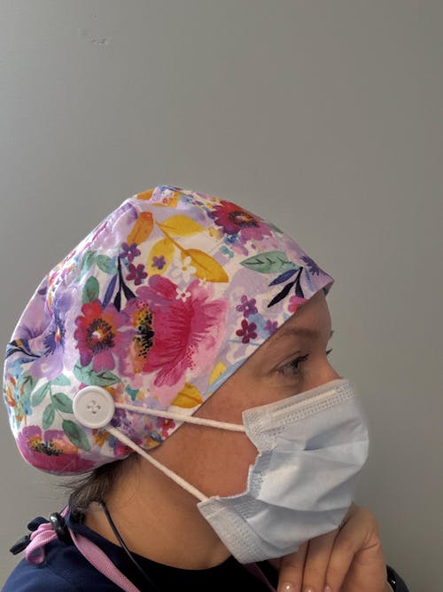 Purple flower Euro Scrub Cap for Women with Satin Lined Option by Paradise Caps.