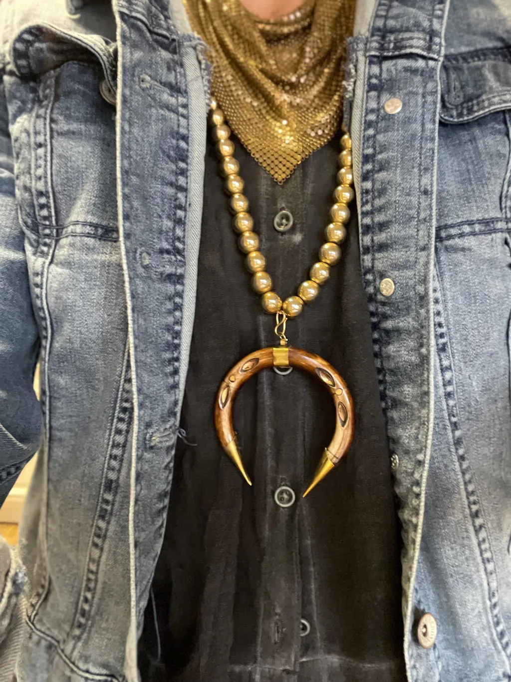 Hand Carved Ox Bone Crescent Necklace - 18" Gold Plated Statement Pendant