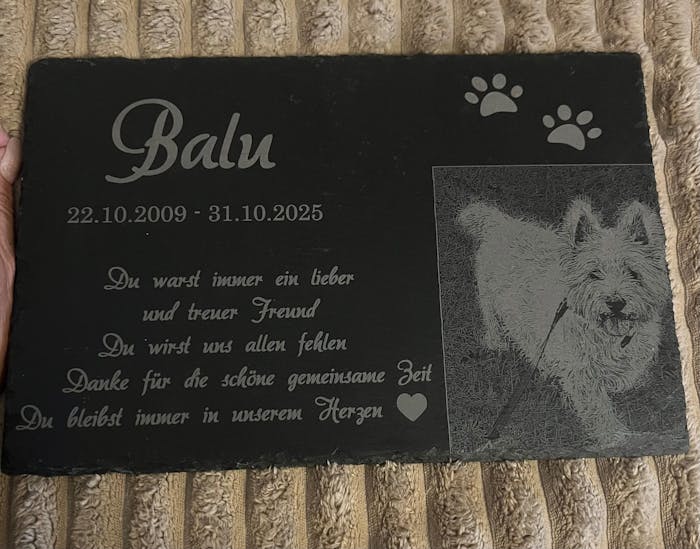 Personalisierter Schiefer Tiergrabstein 30x20cm - Foto Lasergravur