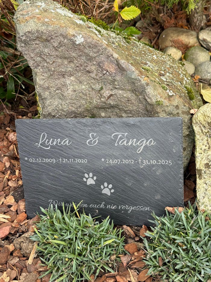 Personalisierter Schiefer Tiergrabstein 30x20cm - Foto Lasergravur