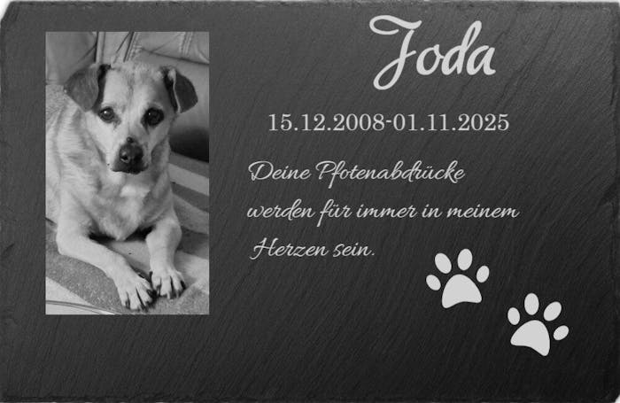 Personalisierter Schiefer Tiergrabstein 30x20cm - Foto Lasergravur