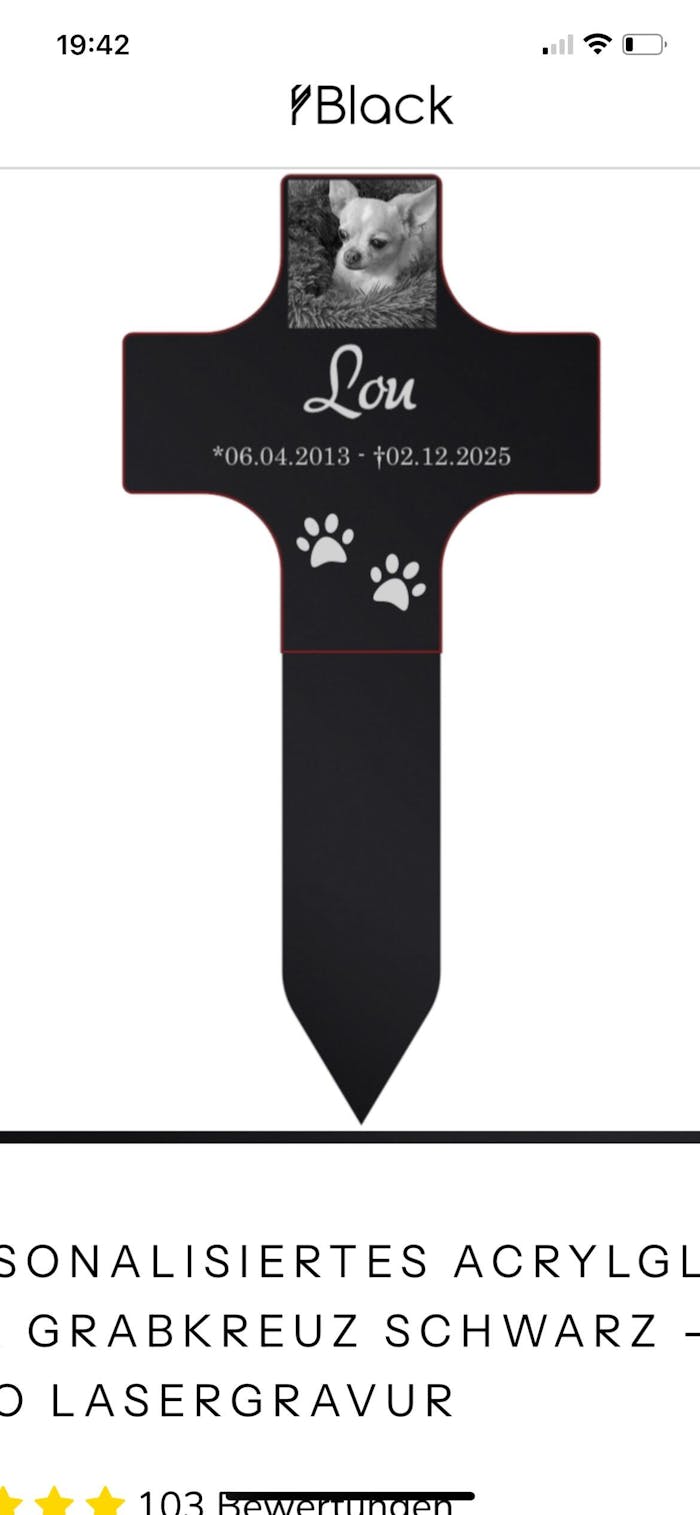 Personalisiertes Acrylglas Tier Grabkreuz Schwarz - Foto Lasergravur