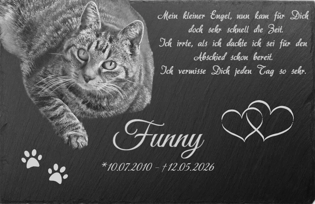 Personalisierter Schiefer Tiergrabstein 30x20cm - Foto Lasergravur