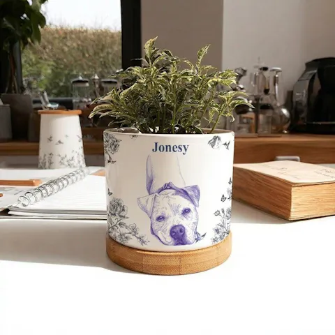 Toile De Jouy Flower Pet Photo - Personalized Plant Pot, Gift For Pet Lovers, Drawing Portrait From Photo