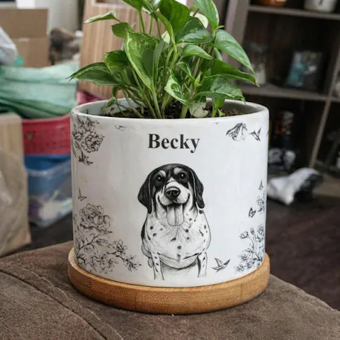 Toile De Jouy Flower Pet Photo - Personalized Plant Pot, Gift For Pet Lovers, Drawing Portrait From Photo