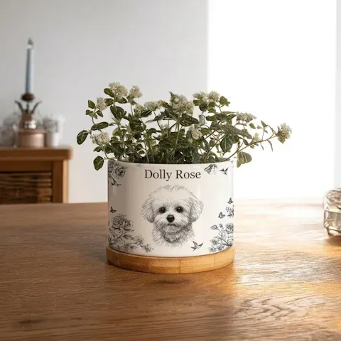 Toile De Jouy Flower Pet Photo - Personalized Plant Pot, Gift For Pet Lovers, Drawing Portrait From Photo