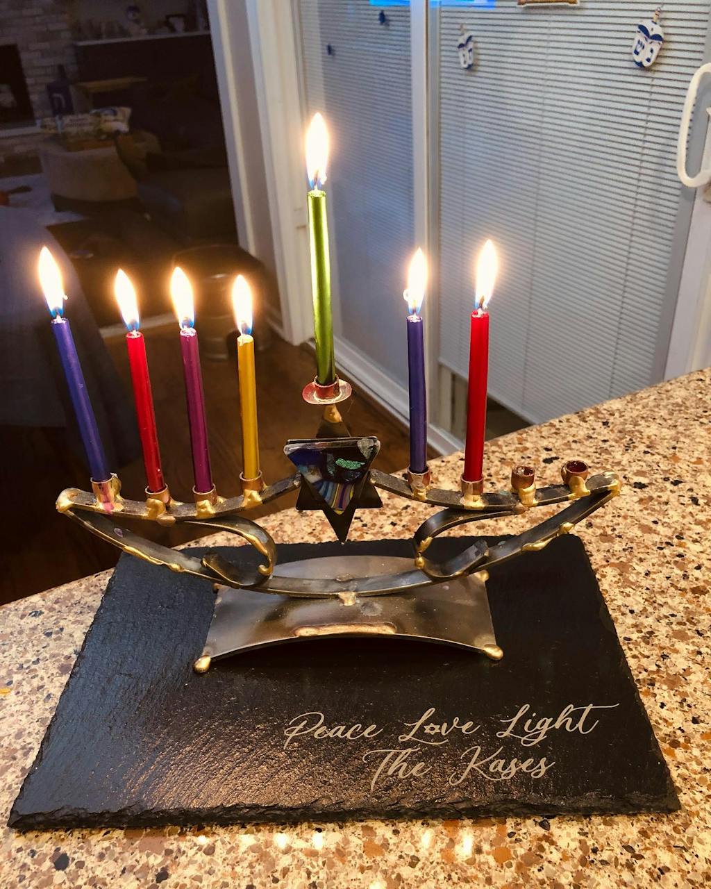 Personalized engraved slate Hanukkah menorah, Shabbat candle drip tray