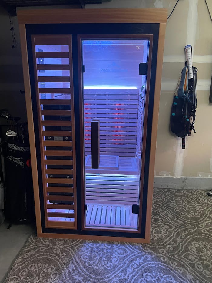 Peak Saunas Rainier 1-Person Full Spectrum Infrared Sauna with XL Medical-Grade Red Light Therapy & Smart WiFi App Control