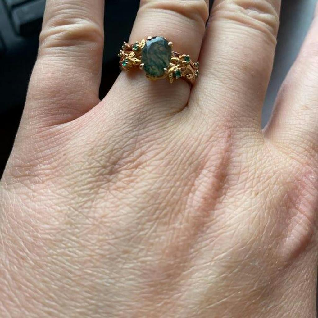 Unique black gold moss agate ring set Nature Inspired aquatic agate engagement ring vintage cluster emerald Leaf wedding ring set for women