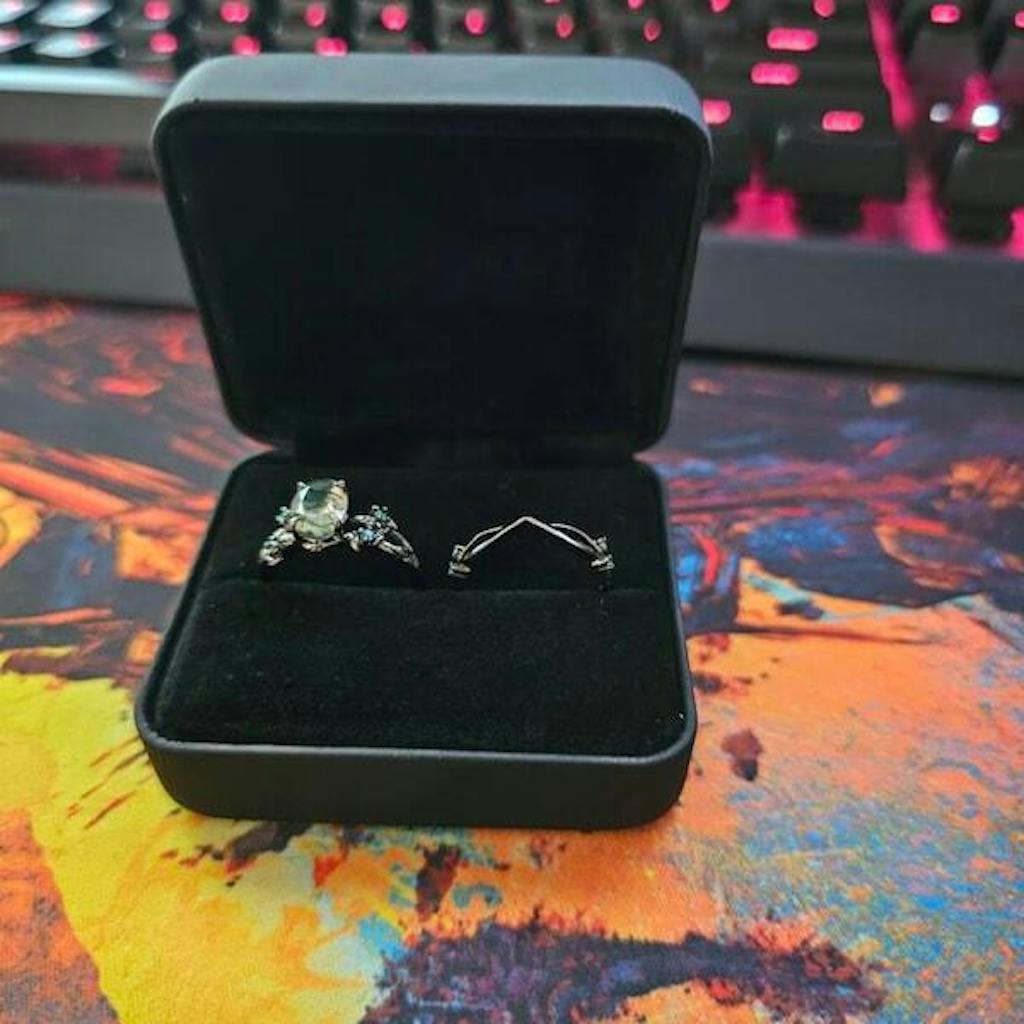 Unique black gold moss agate ring set Nature Inspired aquatic agate engagement ring vintage cluster emerald Leaf wedding ring set for women