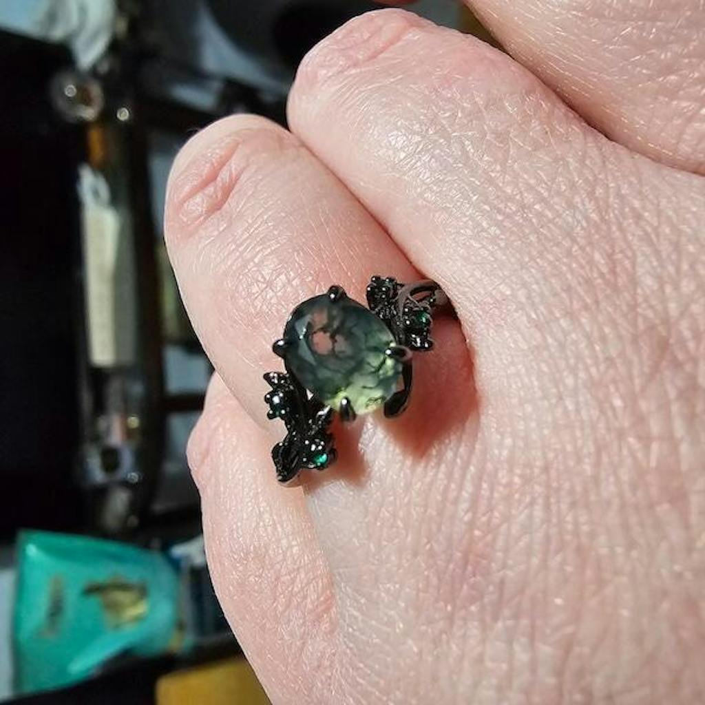 Unique black gold moss agate ring set Nature Inspired aquatic agate engagement ring vintage cluster emerald Leaf wedding ring set for women