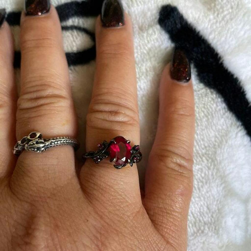 Nature Inspired Leaf ruby ring set black gold branch twig lab ruby engagement ring women unique July birthstone wedding ring set for women