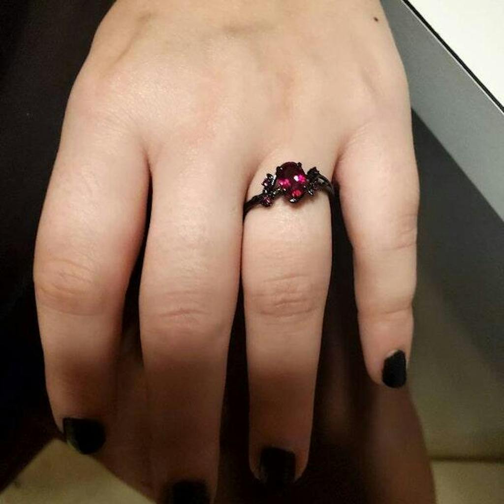 Nature Inspired Leaf ruby ring set black gold branch twig lab ruby engagement ring women unique July birthstone wedding ring set for women