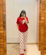 Red heart Printed Night Suit