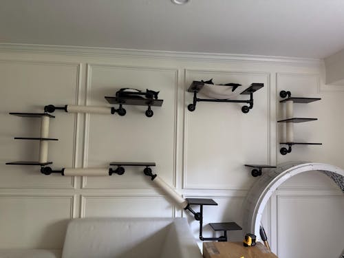 Wall-Mounted Cat Shelves (10PCS) | Smoky Wood & Aluminum Design