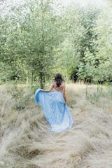 Sky Blue Rustic Thigh Split Beach Wedding Gown with Court Train