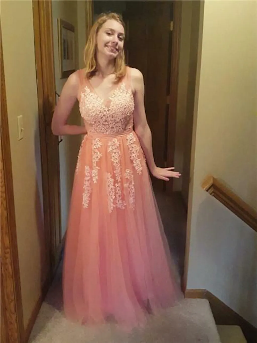 A line lace tulle prom dresses Womens V-neck elegant lace dress        fg1702 main image 1