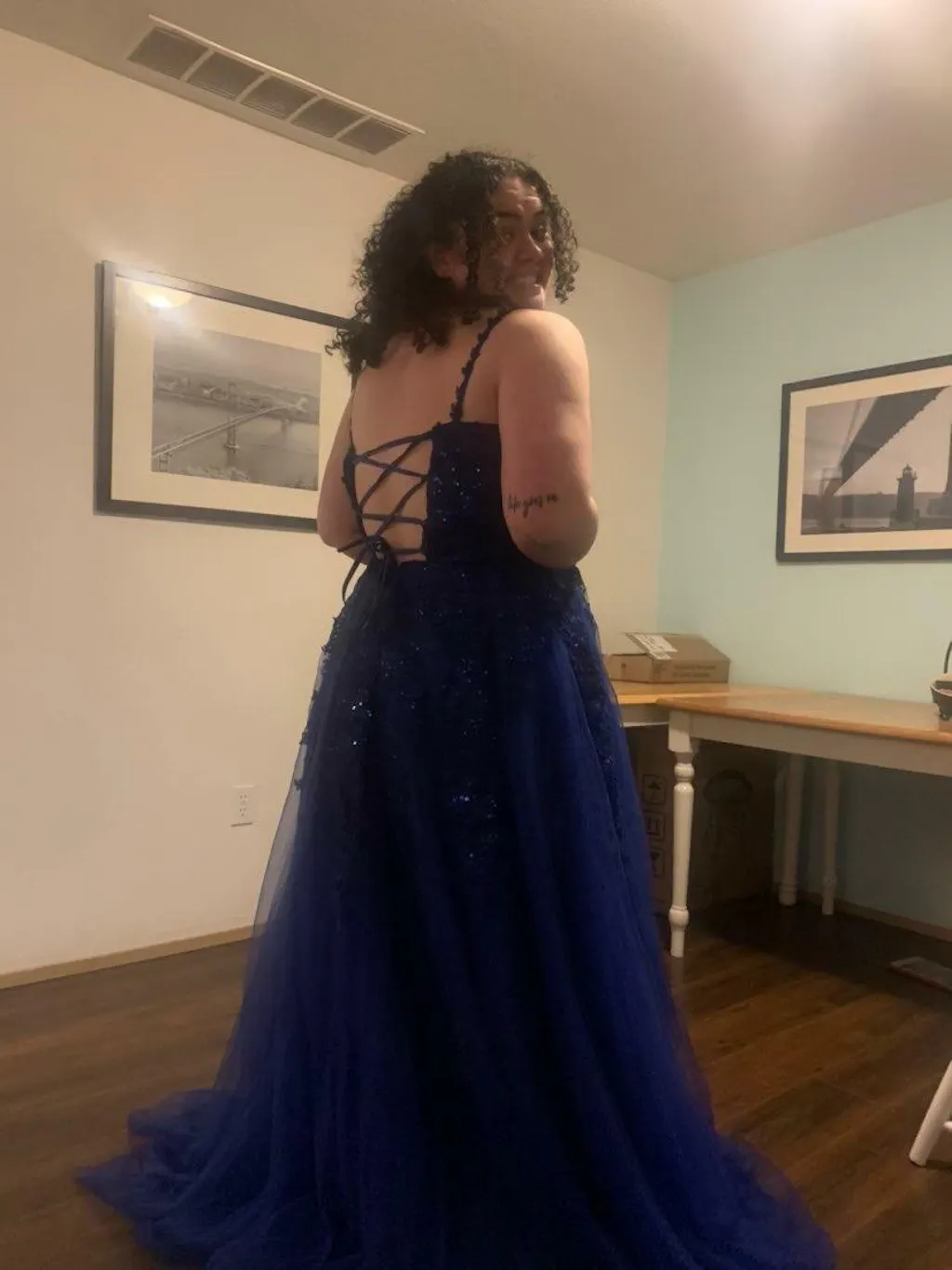 Elegant A line Straps Tulle Navy Blue Prom Dresses Formal Evening Dress Y6776 main image 0