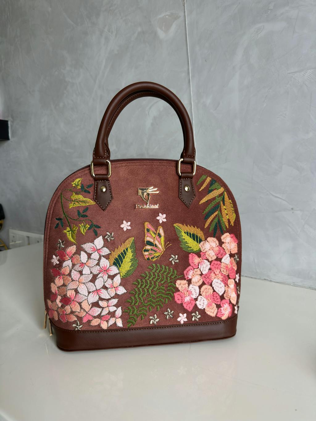 Brown Floral Embroidered Vegan Leather Top Handle Bag Blossom Wood