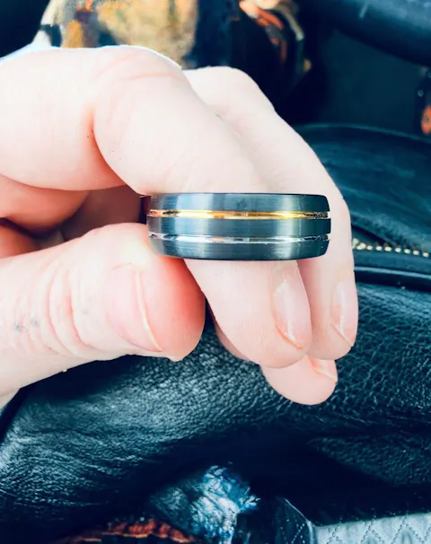 14K Gold Wedding Band Black Ring 8mm Two Tone Tungsten Mens Wedding Band Yellow Gold Ring