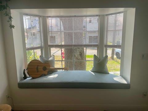 Bret Custom Notched Trapezoid Cushion & Two Custom Pillows, Lux Foam, Self-Welt on All