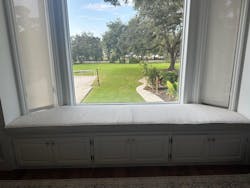 Elyse J. Client's Custom Notched Trapezoid Cushion in Dreamy Boucle in Color Wheat & Self-Welt