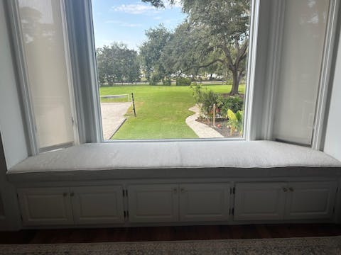 Elyse J. Client's Custom Notched Trapezoid Cushion in Dreamy Boucle in Color Wheat & Self-Welt