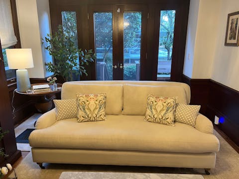 Carolyn S. - Two Custom Decorative Pillow Covers in (COM - Customer's Own Material) (Large Birds on Front & Small Birds on Back Centered) in SELF-WELT