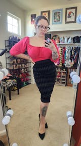 LB High Waisted Pencil Skirt in Red Cotton Sateen | Laura Byrnes Design
