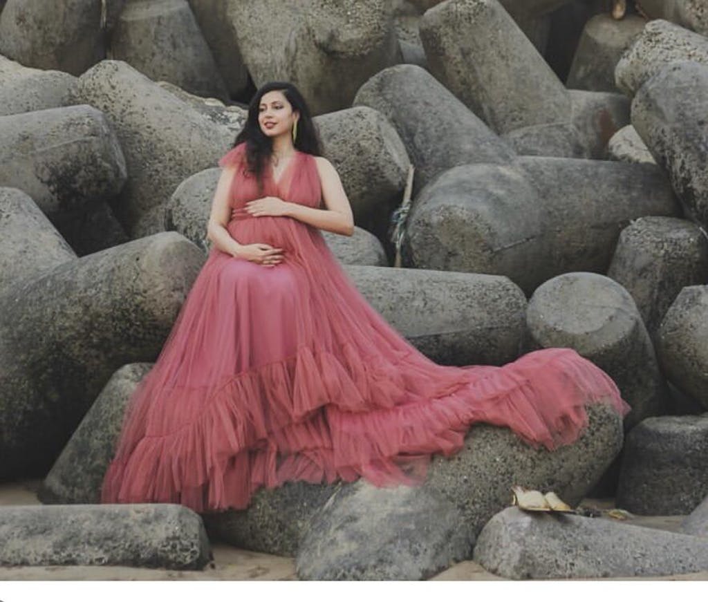 Plum and Peaches Captivate with Elegance Tulle Maternity Gowns for