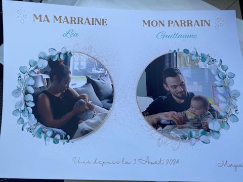 Affiche personnalisée - parrain et marraine avec photos - Baptême champêtre bohème EUCALYPTUS