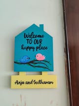 Birds Themed Hut-Shaped Hand-Painted Wooden Name Plate For Home - Hut & One Plank